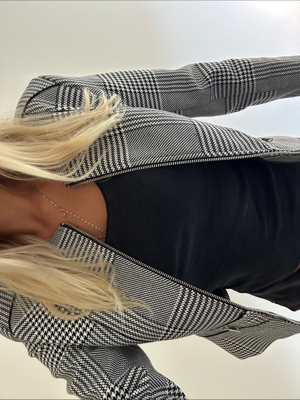 H&M Black & White Plaid Zip-Front Blazer